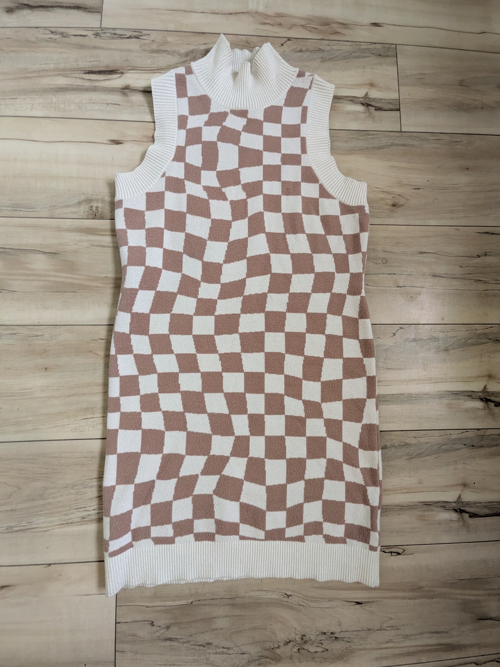 William Rast Sleeveless Wavy Checker Knit Dress - White & Taupe
